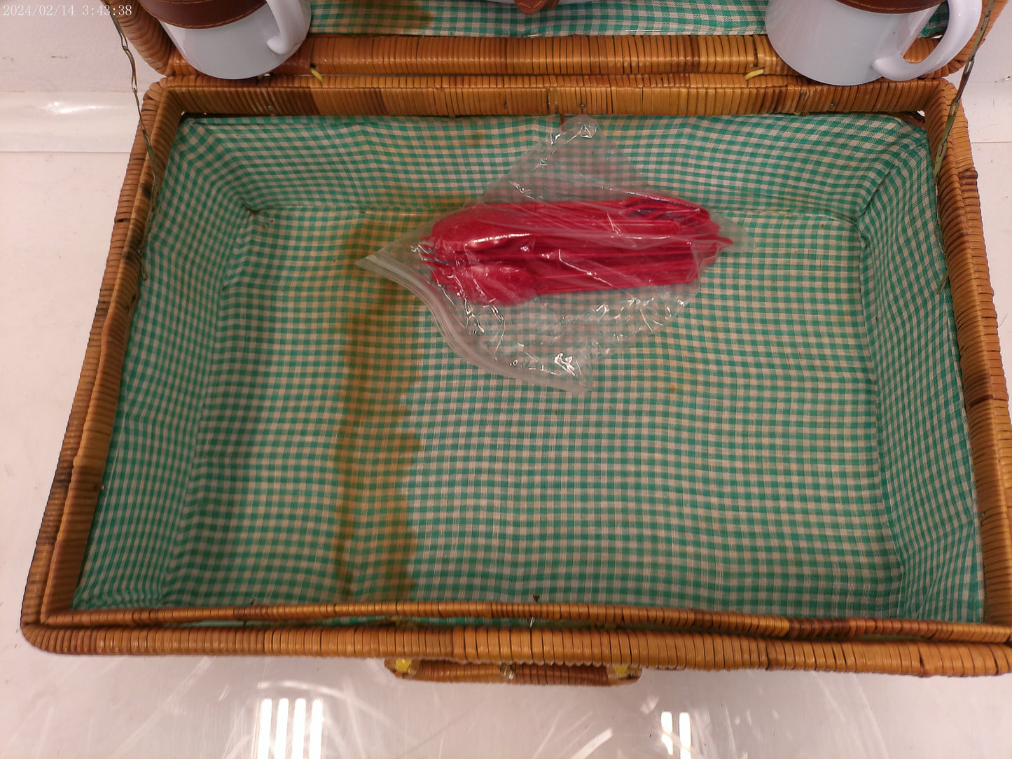 Vintage Woven Wicker Picnic Suitcase Basket with Patriotic Place Settings for Four