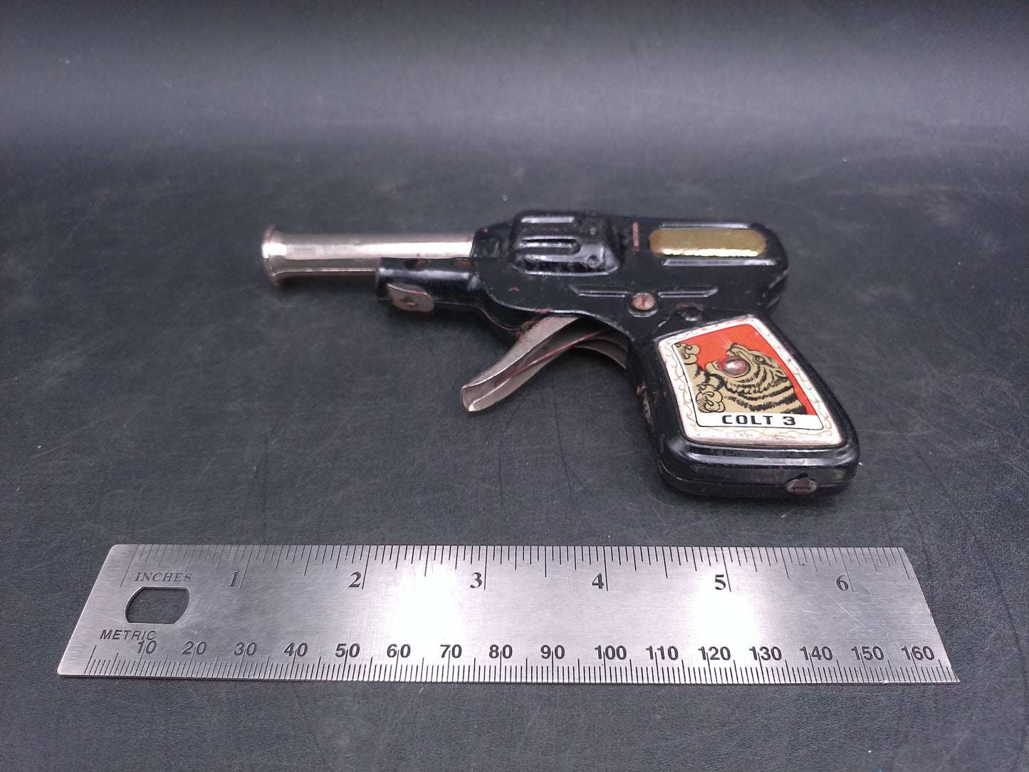 Vintage Japan Tin Colt 3 Cork Toy Pistol
