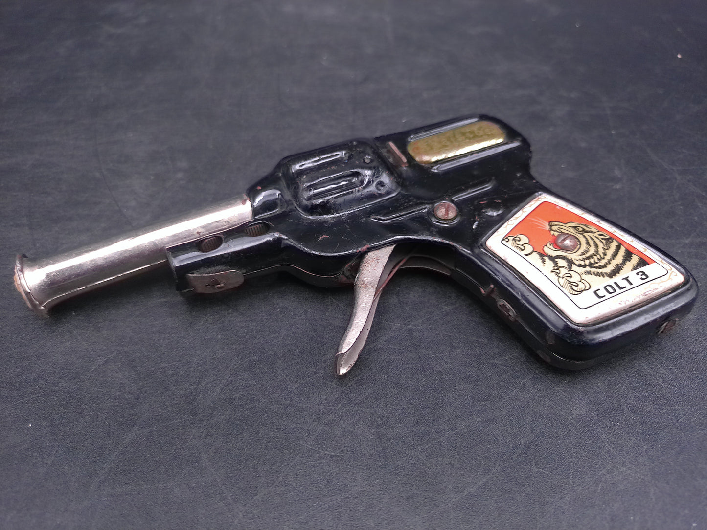 Vintage Japan Tin Colt 3 Cork Toy Pistol