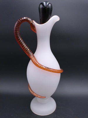 1 Frosted Glass Pitcher with an Applied Amber Glass Snake Handle Design with Black Cork 1900's