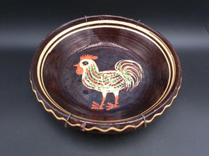 Redware Slip Decorated Plate Ceramic Glazed Round  Bowl w Rooster with wire hanger
