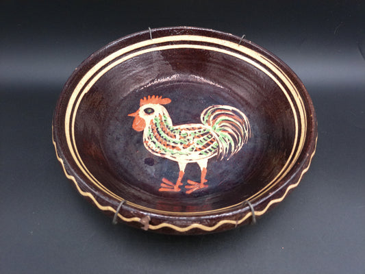 Redware Slip Decorated Plate Ceramic Glazed Round  Bowl w Rooster with wire hanger