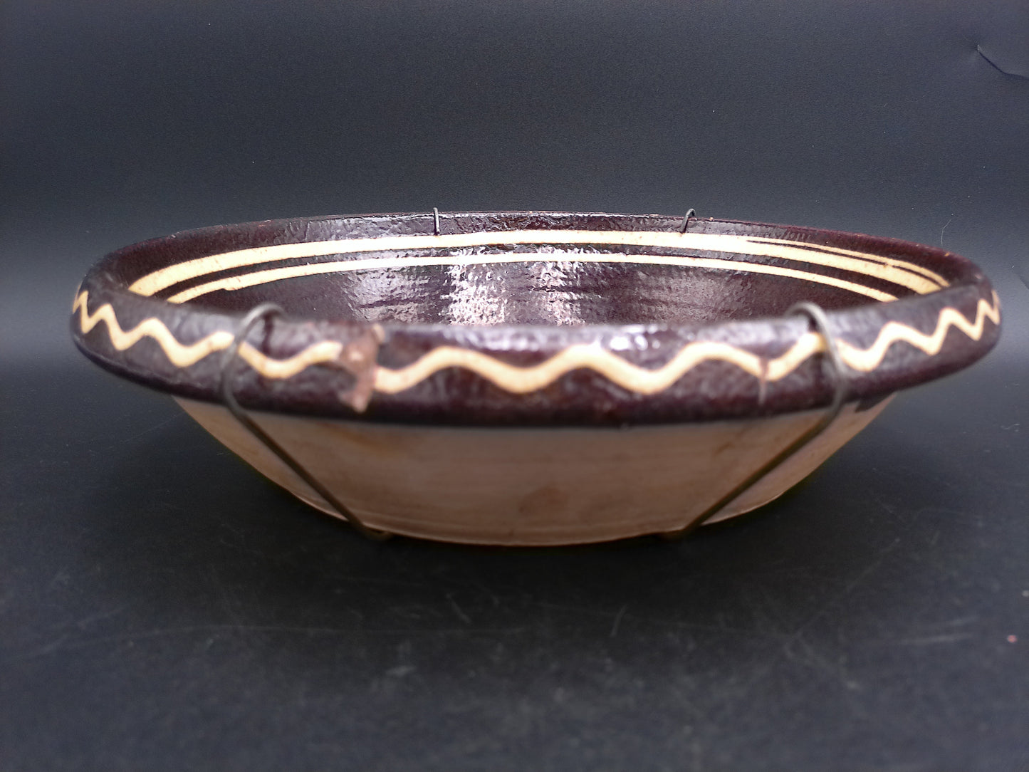 Redware Slip Decorated Plate Ceramic Glazed Round  Bowl w Rooster with wire hanger