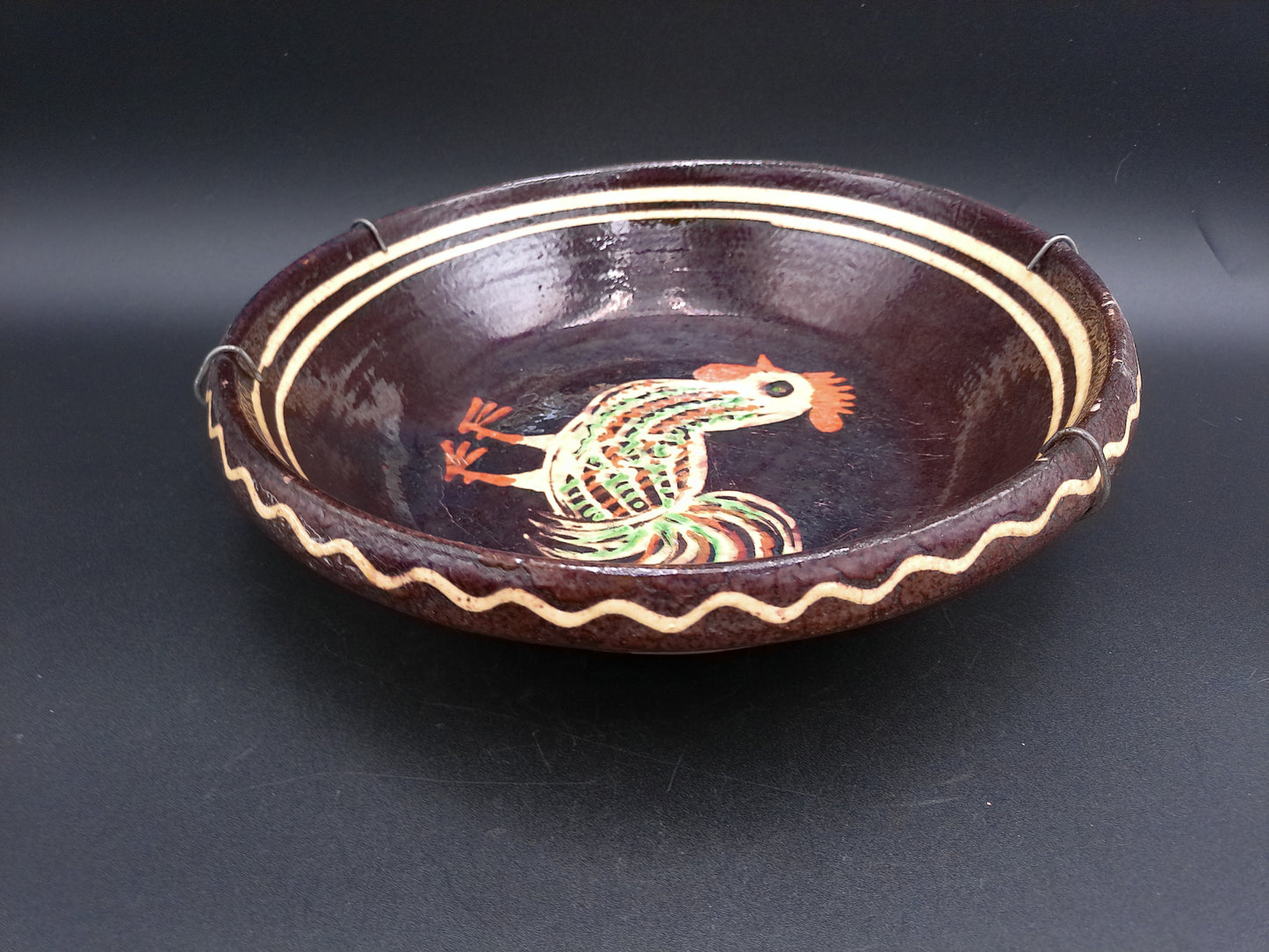 Redware Slip Decorated Plate Ceramic Glazed Round  Bowl w Rooster with wire hanger