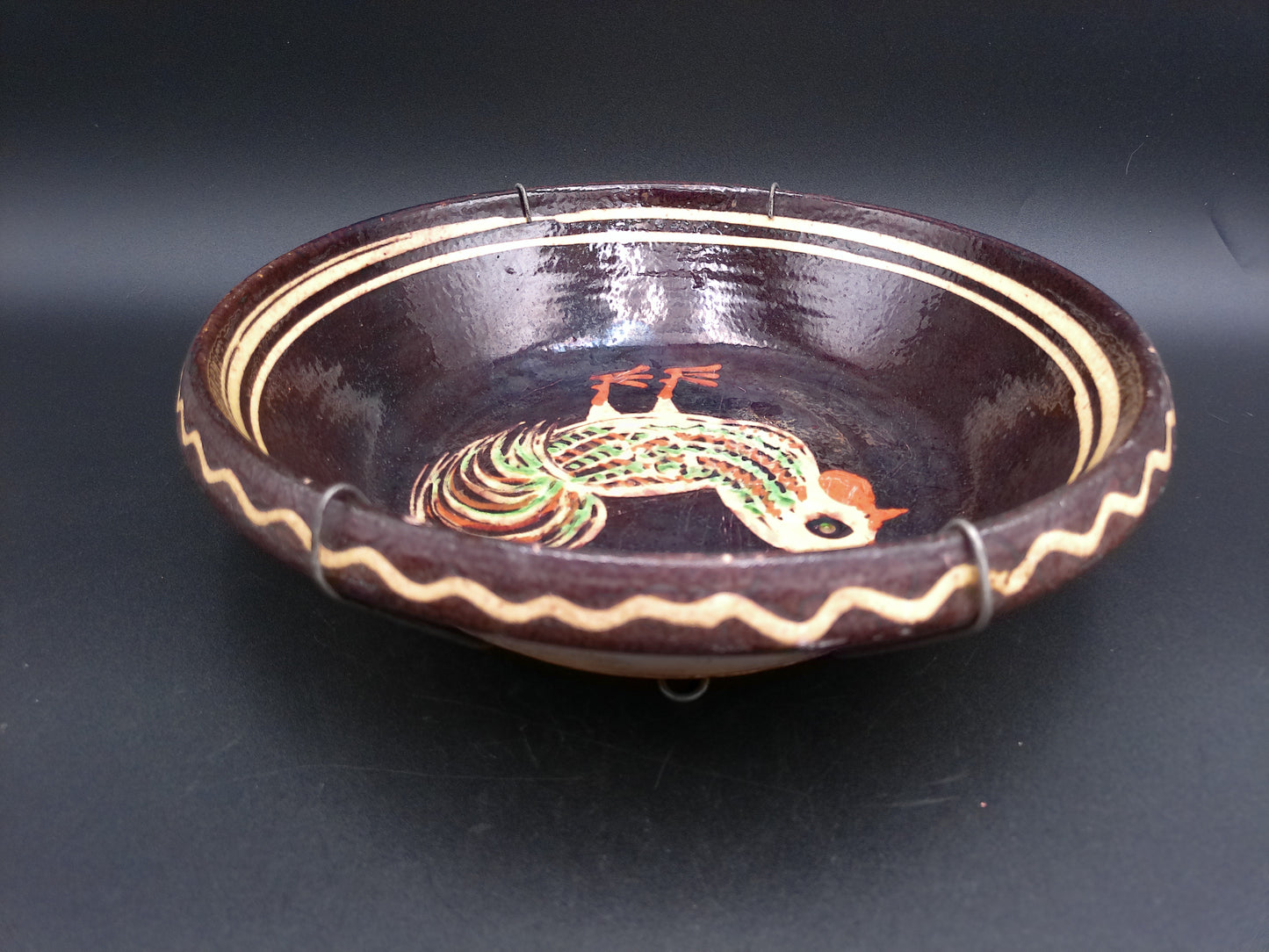 Redware Slip Decorated Plate Ceramic Glazed Round  Bowl w Rooster with wire hanger