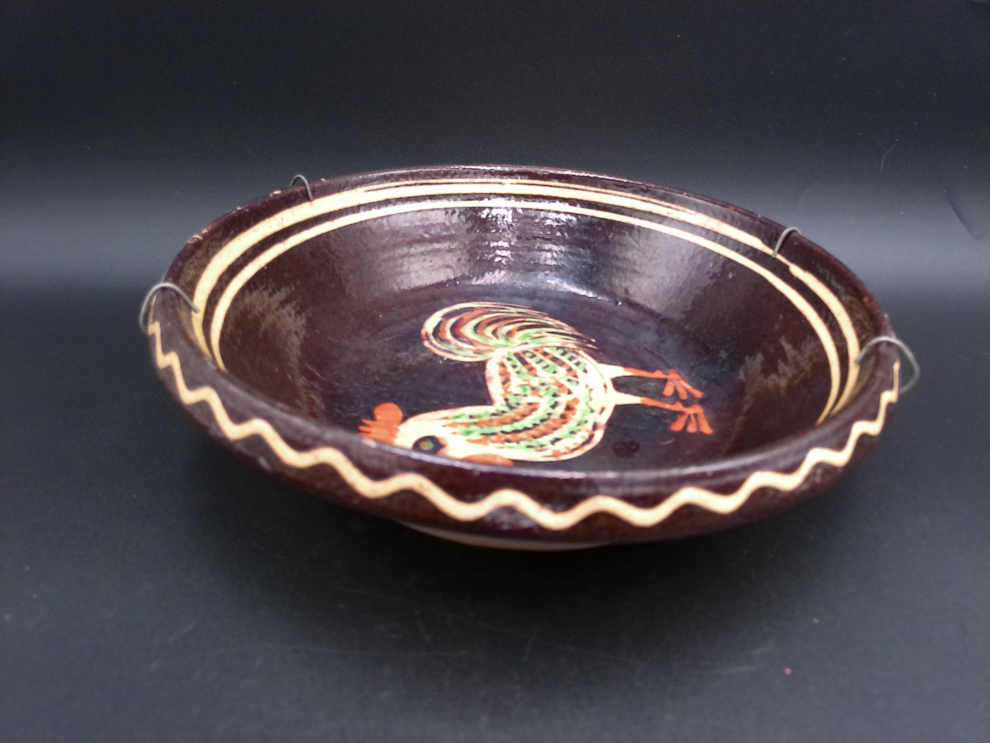 Redware Slip Decorated Plate Ceramic Glazed Round  Bowl w Rooster with wire hanger