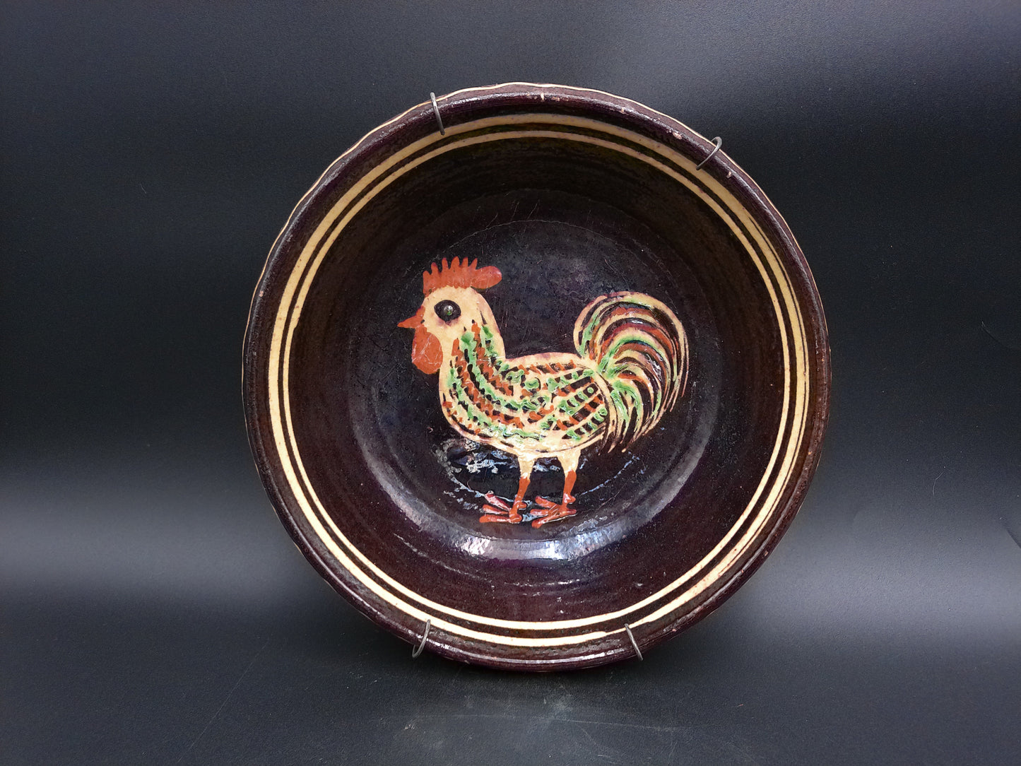 Redware Slip Decorated Plate Ceramic Glazed Round  Bowl w Rooster with wire hanger