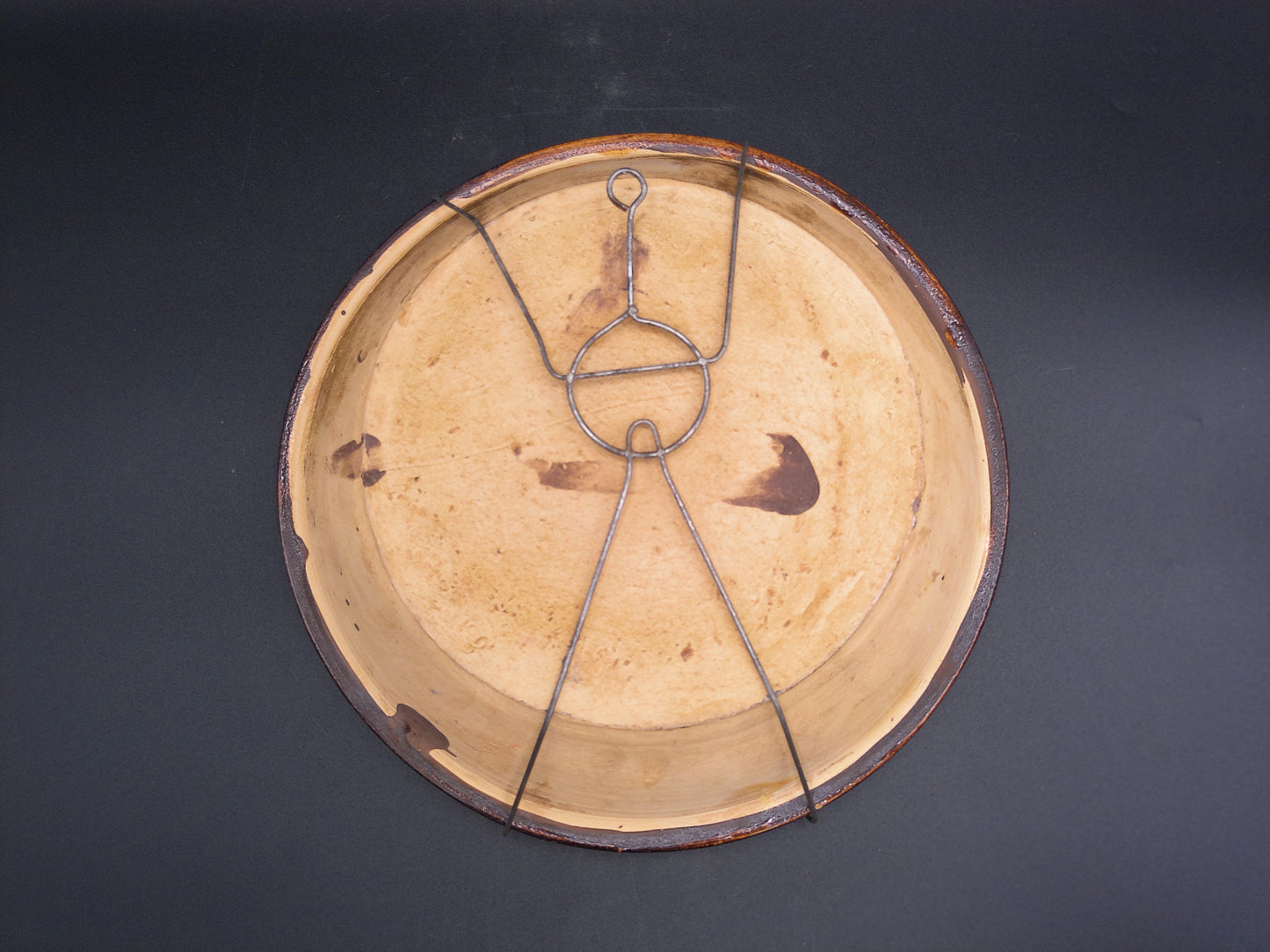 Redware Slip Decorated Plate Ceramic Glazed Round  Bowl w Rooster with wire hanger