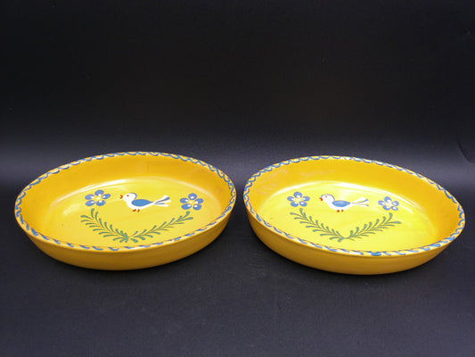 two plates bowls dish yellow colors decorative bird design vintage