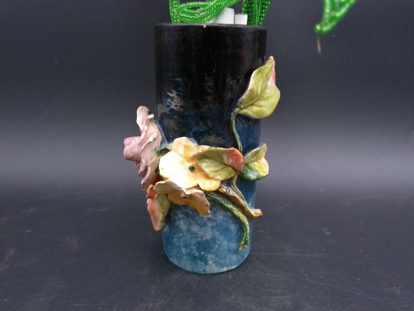 Vase Decorative Vintage Rare with Hand made Flowers Bottom read FMC 184