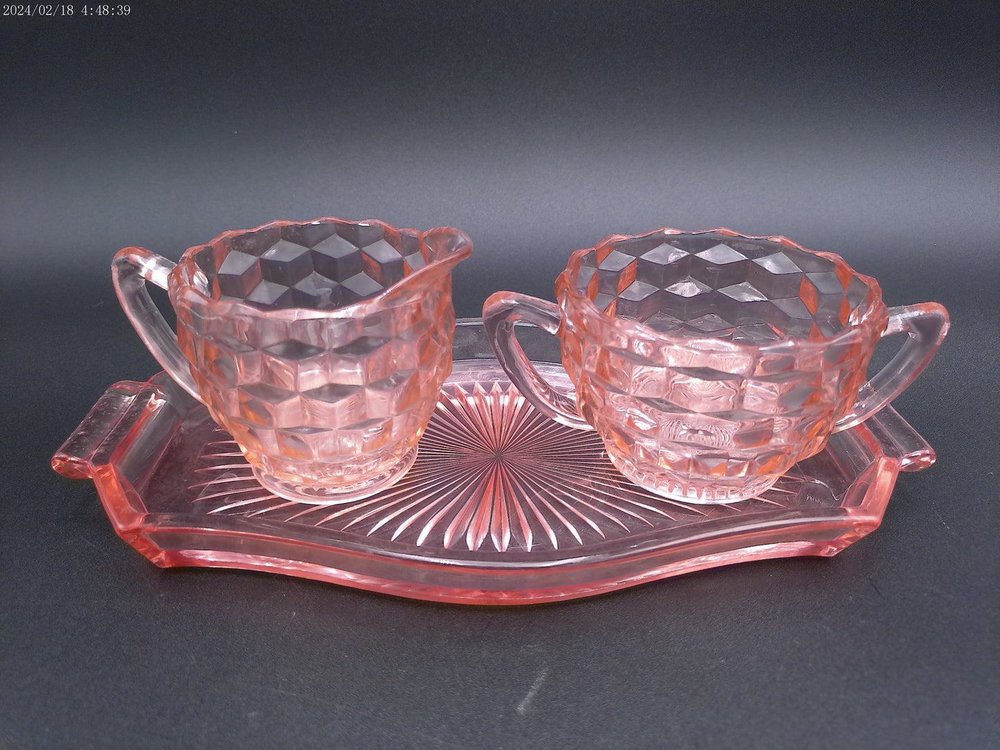 Jeannette pink 3pc glass set Windsor tray with cube creamer and sugar bowl