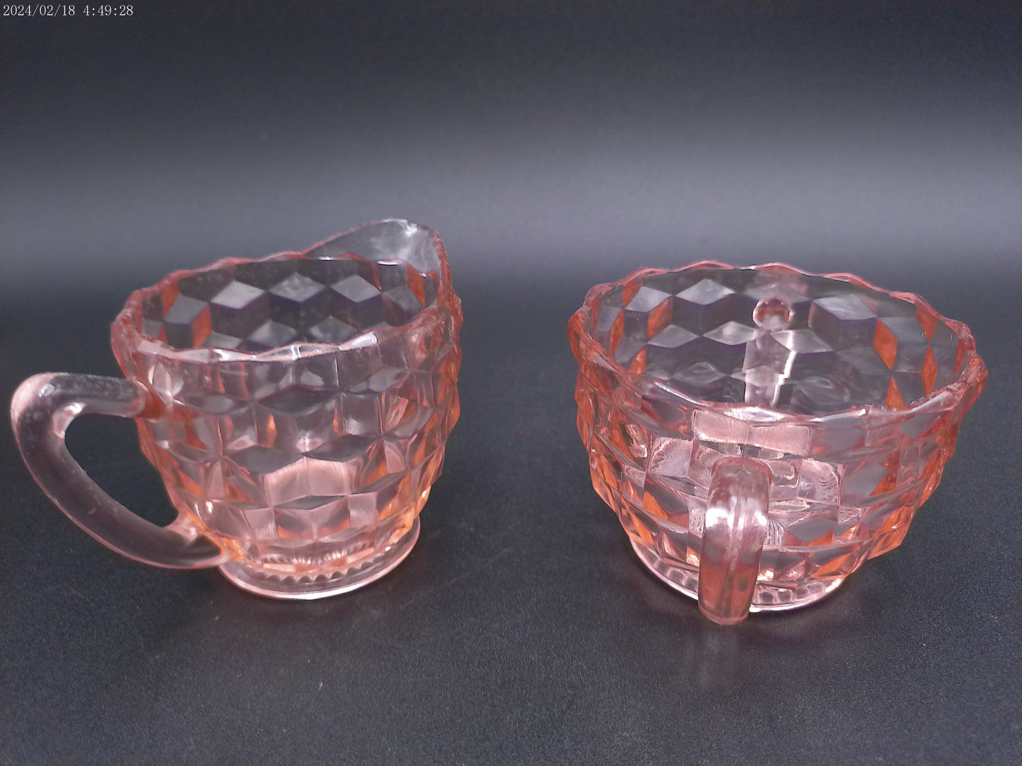 Jeannette pink 3pc glass set Windsor tray with cube creamer and sugar bowl