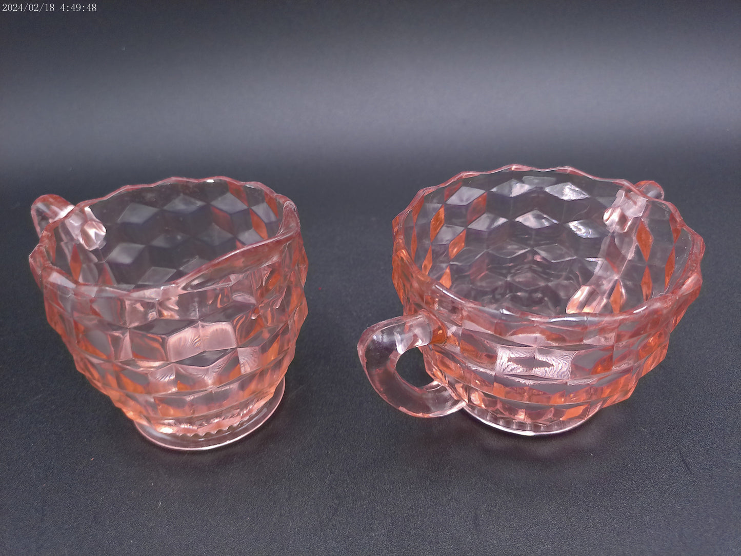 Jeannette pink 3pc glass set Windsor tray with cube creamer and sugar bowl