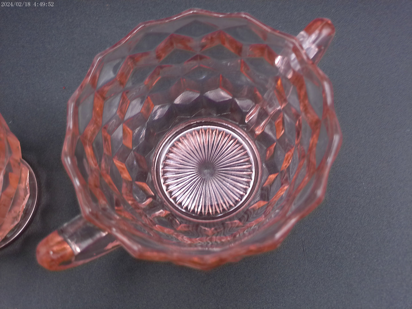 Jeannette pink 3pc glass set Windsor tray with cube creamer and sugar bowl