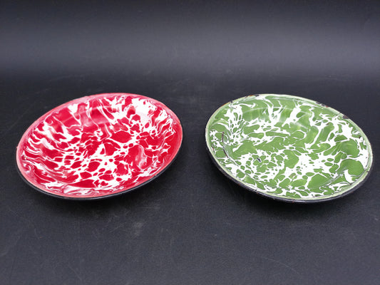 Pottery Plate Dish Green & White and Red & White Swirl Enamelware
