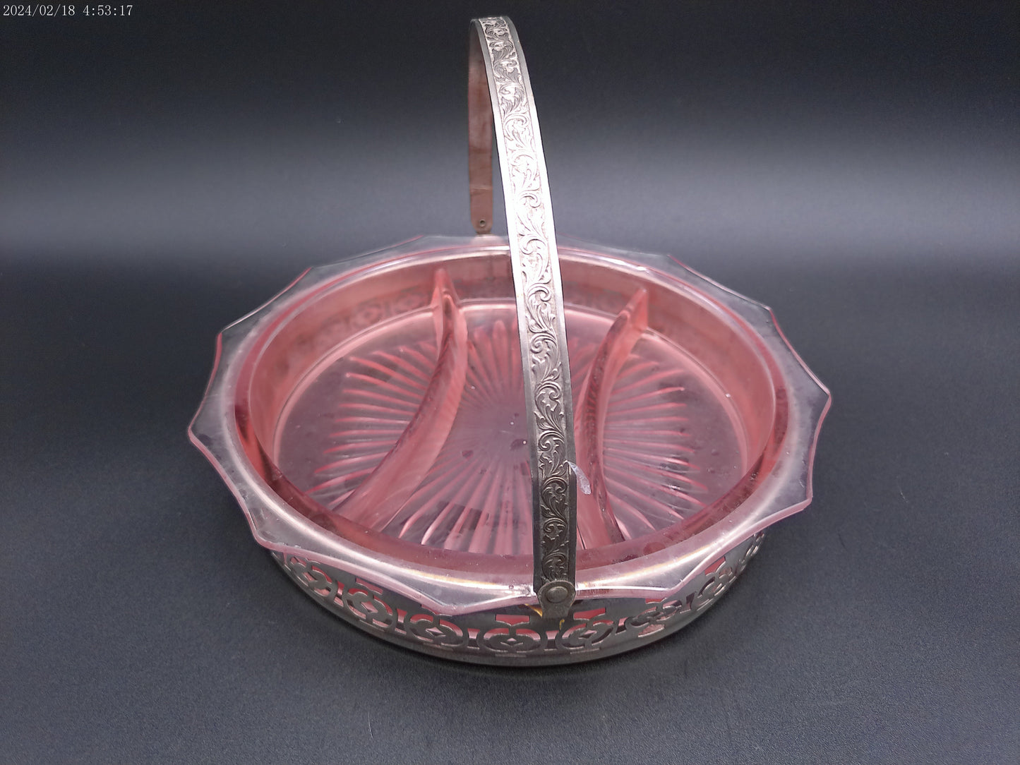 Vintage 1930s Pink Depression Glass Divided Relish Dish in Silver Plated Basket
