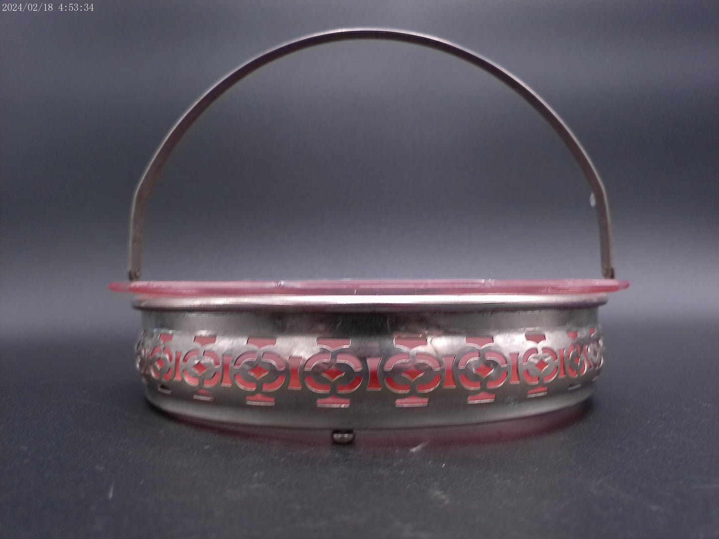 Vintage 1930s Pink Depression Glass Divided Relish Dish in Silver Plated Basket
