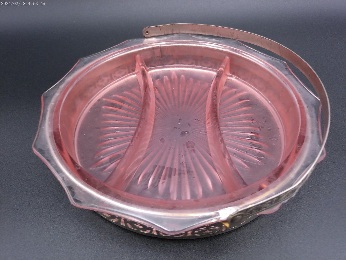Vintage 1930s Pink Depression Glass Divided Relish Dish in Silver Plated Basket