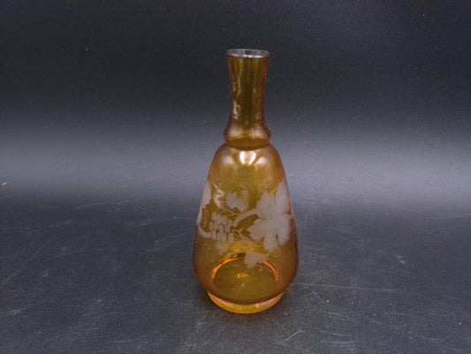 Vase  Amber Etched Glass Bud Grapevine Design Vintage Decanter
