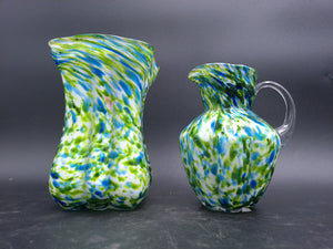 Art Glass Porcelain Green Large Pitcher 10” Blue Aventurine and Vase