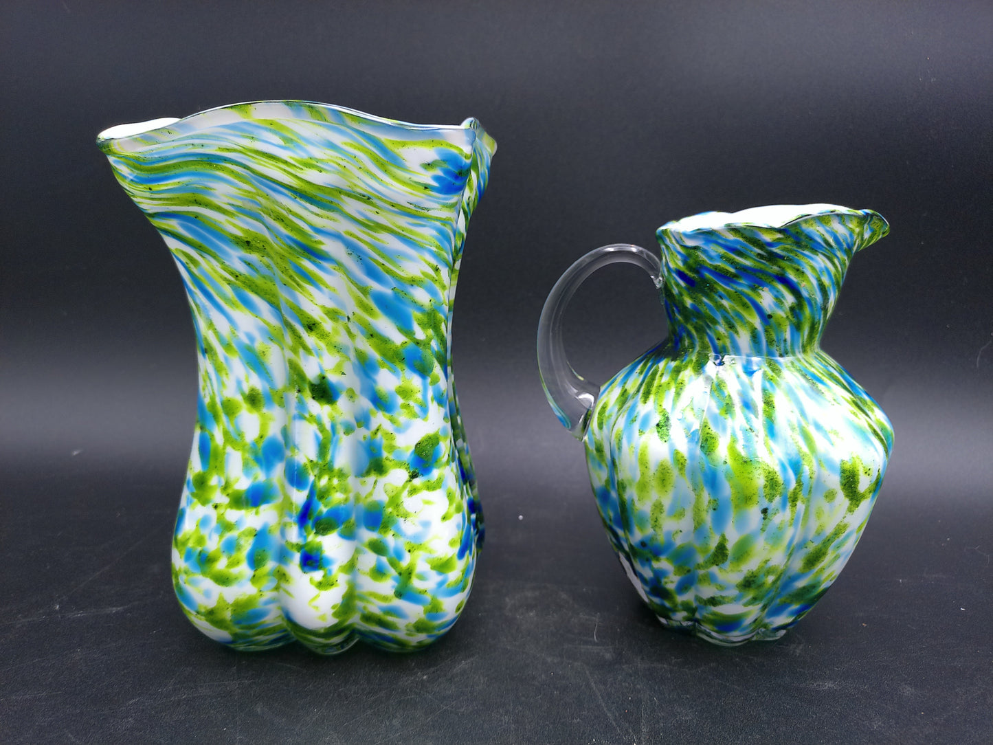 Art Glass Porcelain Green Large Pitcher 10” Blue Aventurine and Vase