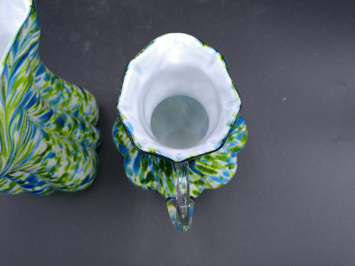 Art Glass Porcelain Green Large Pitcher 10” Blue Aventurine and Vase