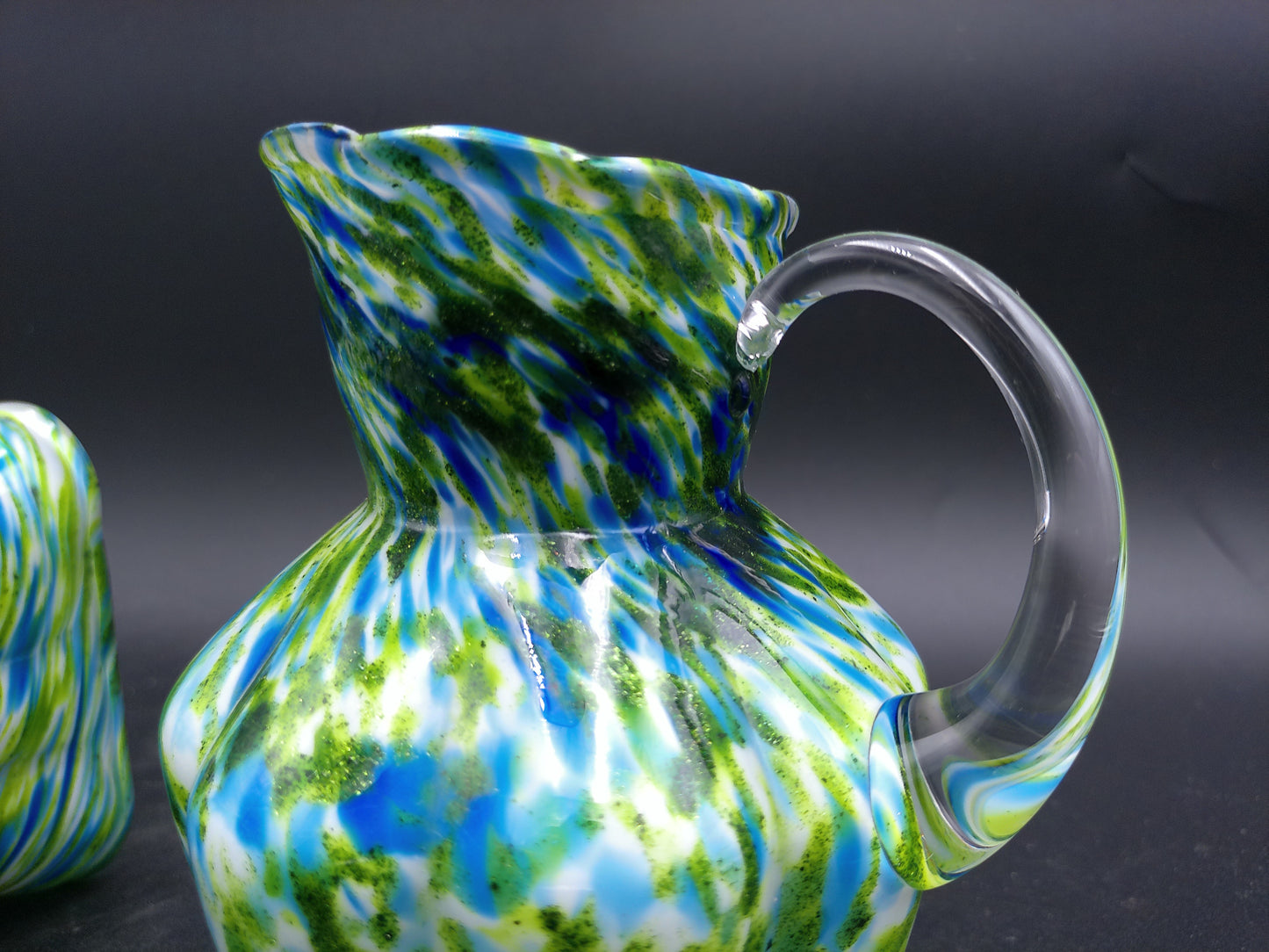 Art Glass Porcelain Green Large Pitcher 10” Blue Aventurine and Vase