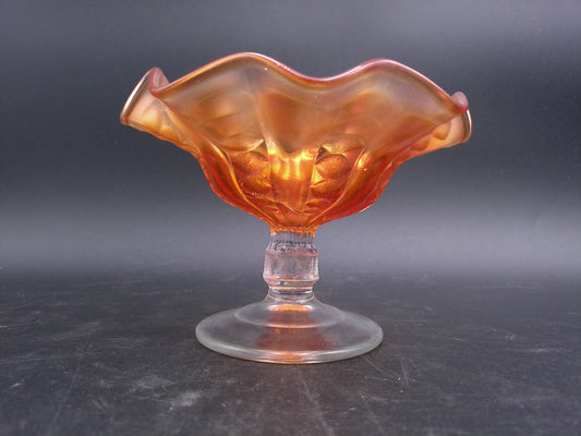 Art Glass  Marigold Carnival Glass Compote Candy Dish Ruffle Clear Stem