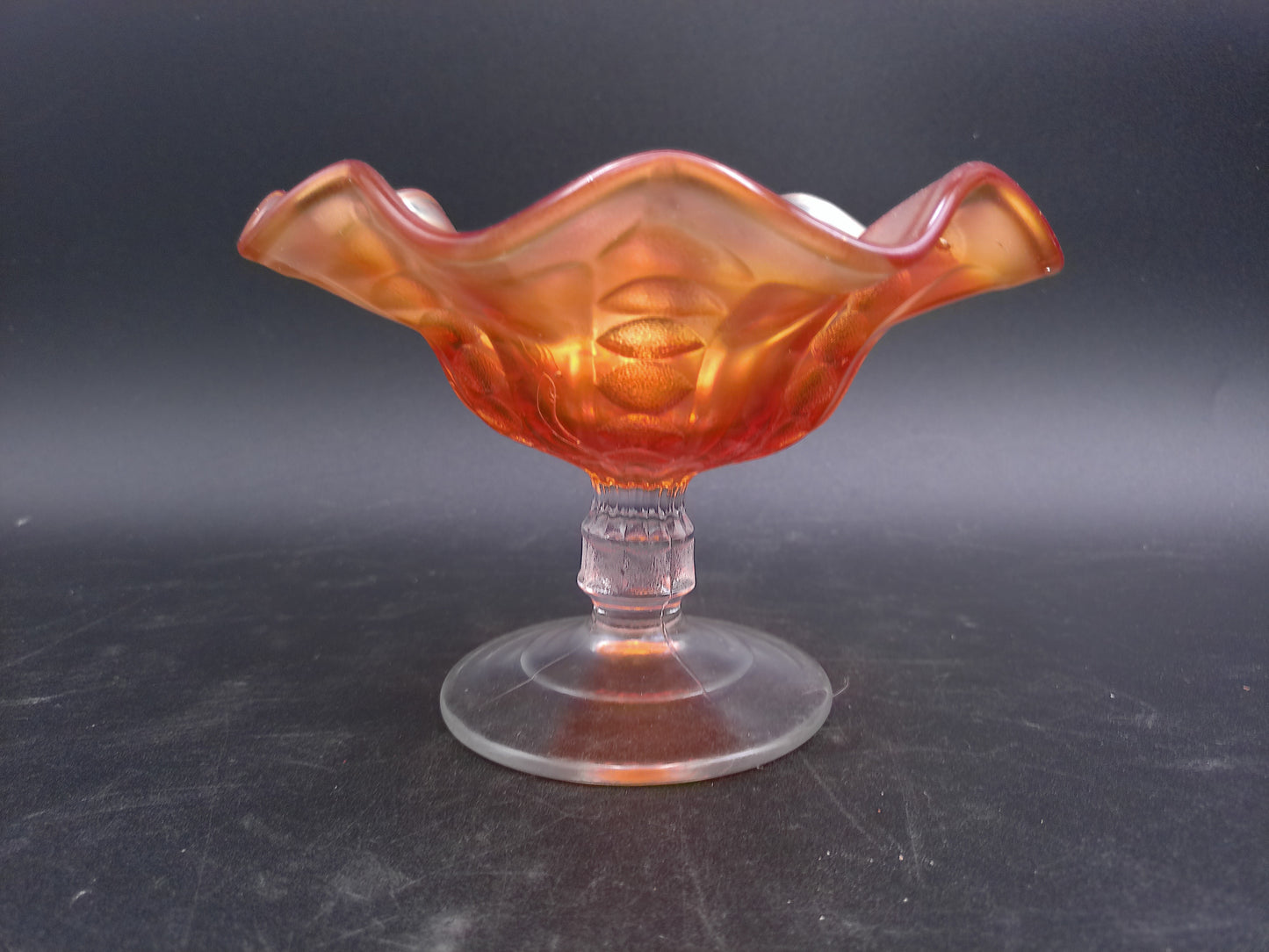 Art Glass  Marigold Carnival Glass Compote Candy Dish Ruffle Clear Stem