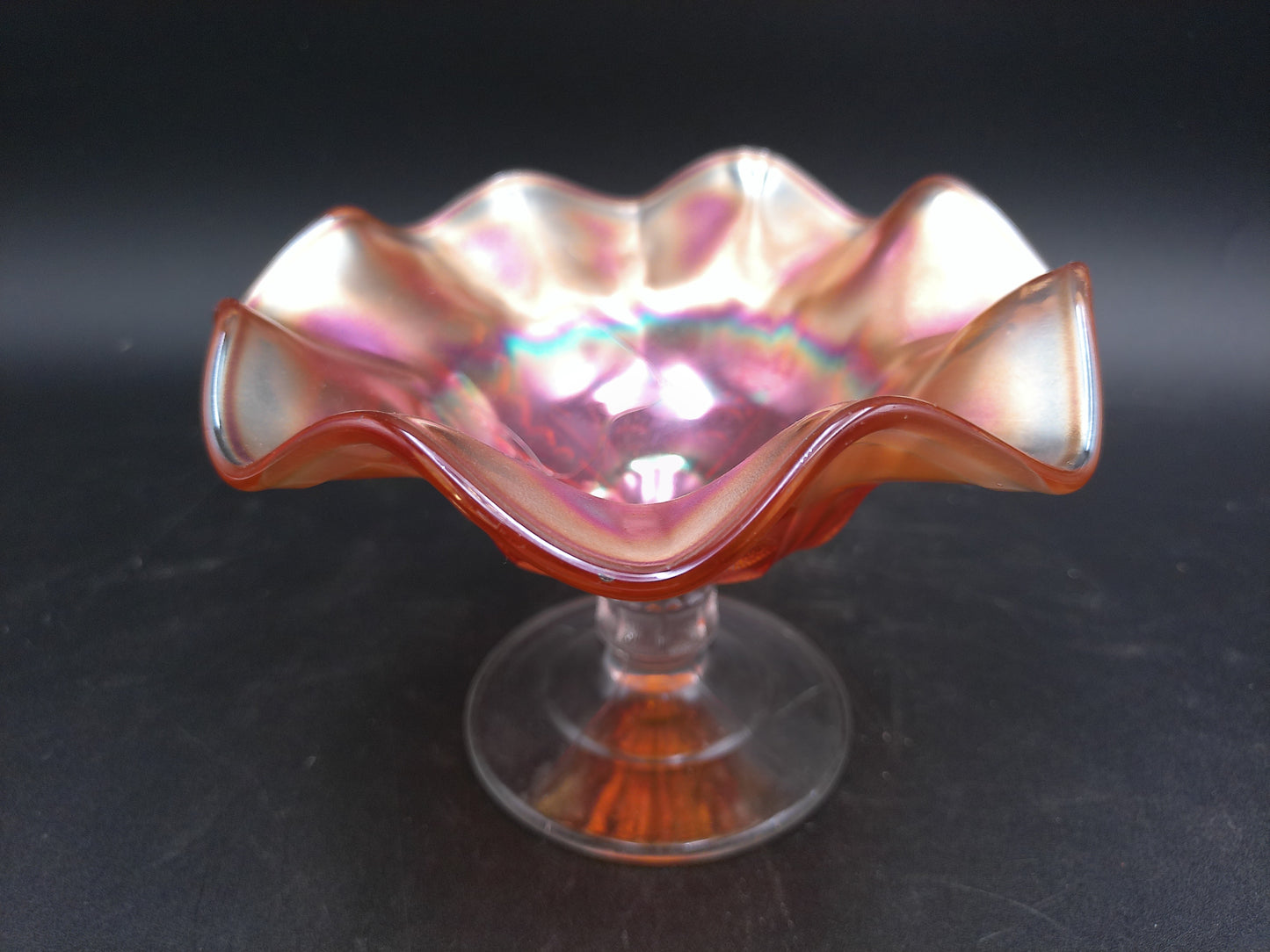 Art Glass  Marigold Carnival Glass Compote Candy Dish Ruffle Clear Stem
