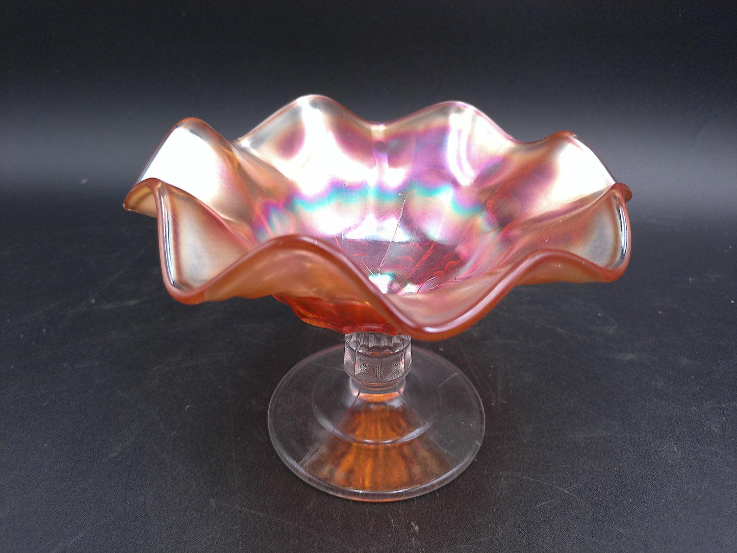 Art Glass  Marigold Carnival Glass Compote Candy Dish Ruffle Clear Stem