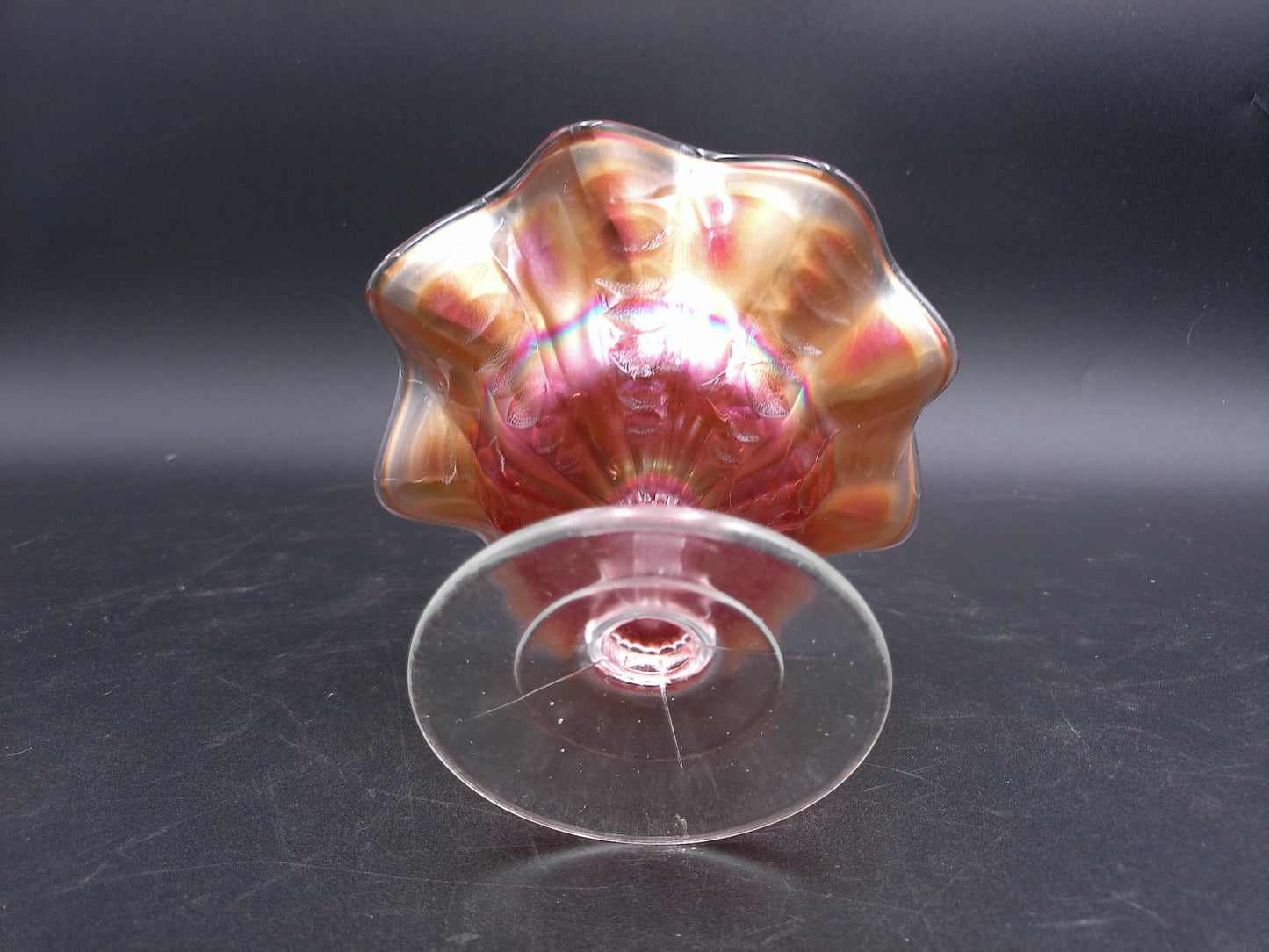 Art Glass  Marigold Carnival Glass Compote Candy Dish Ruffle Clear Stem