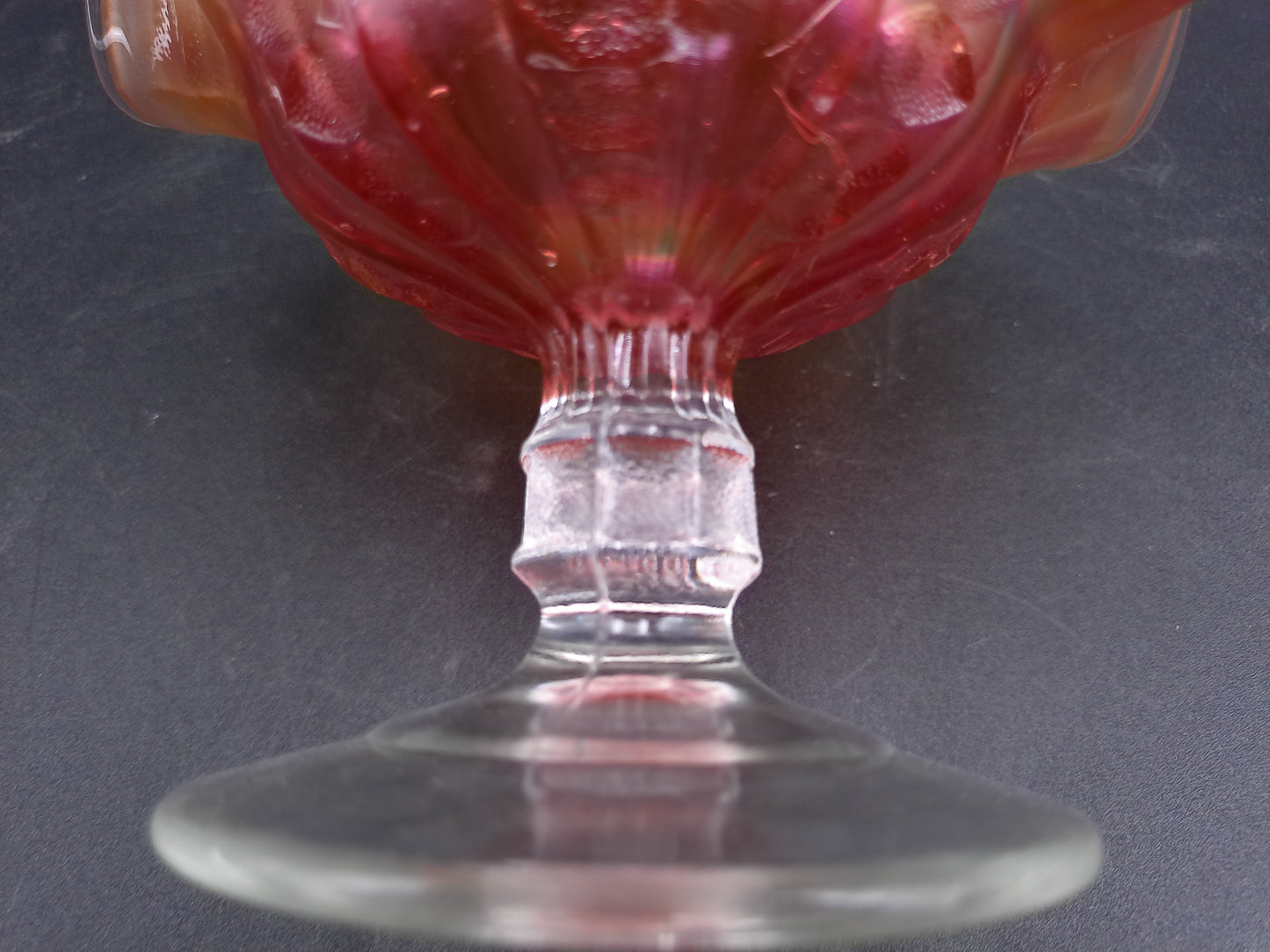 Art Glass  Marigold Carnival Glass Compote Candy Dish Ruffle Clear Stem