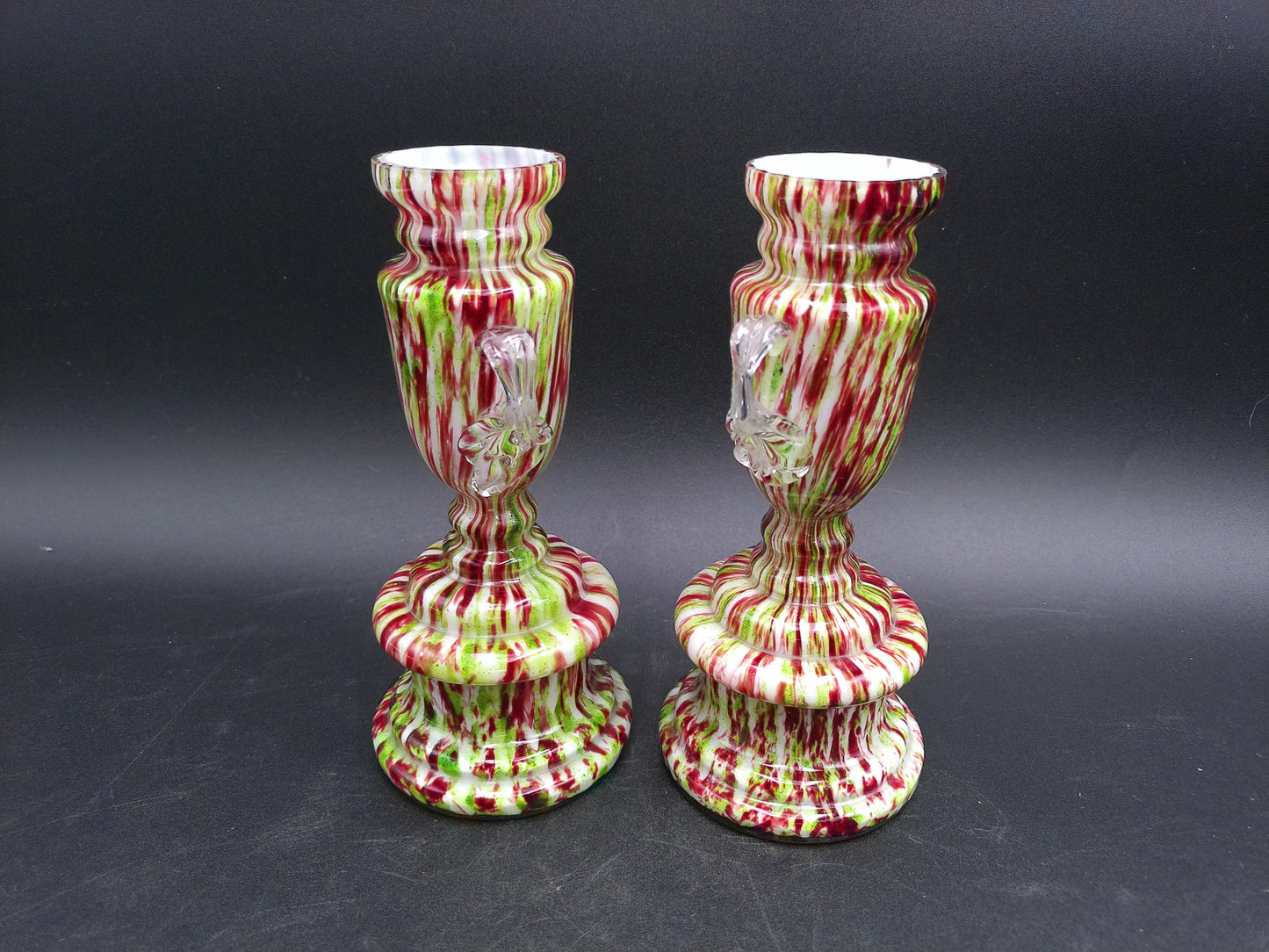 Victorian Antique Glass Candlestick Holders  e Glass Peacock Trophy Vase lot of 2