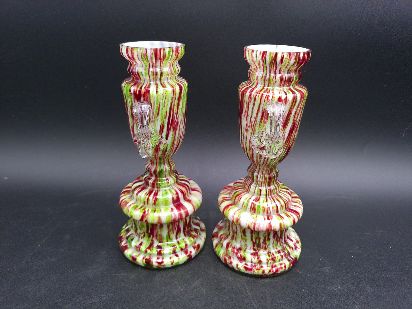 Victorian Antique Glass Candlestick Holders  e Glass Peacock Trophy Vase lot of 2
