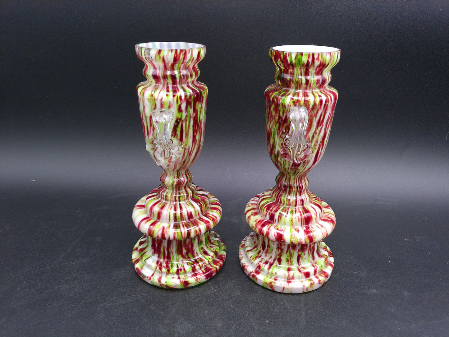 Victorian Antique Glass Candlestick Holders  e Glass Peacock Trophy Vase lot of 2