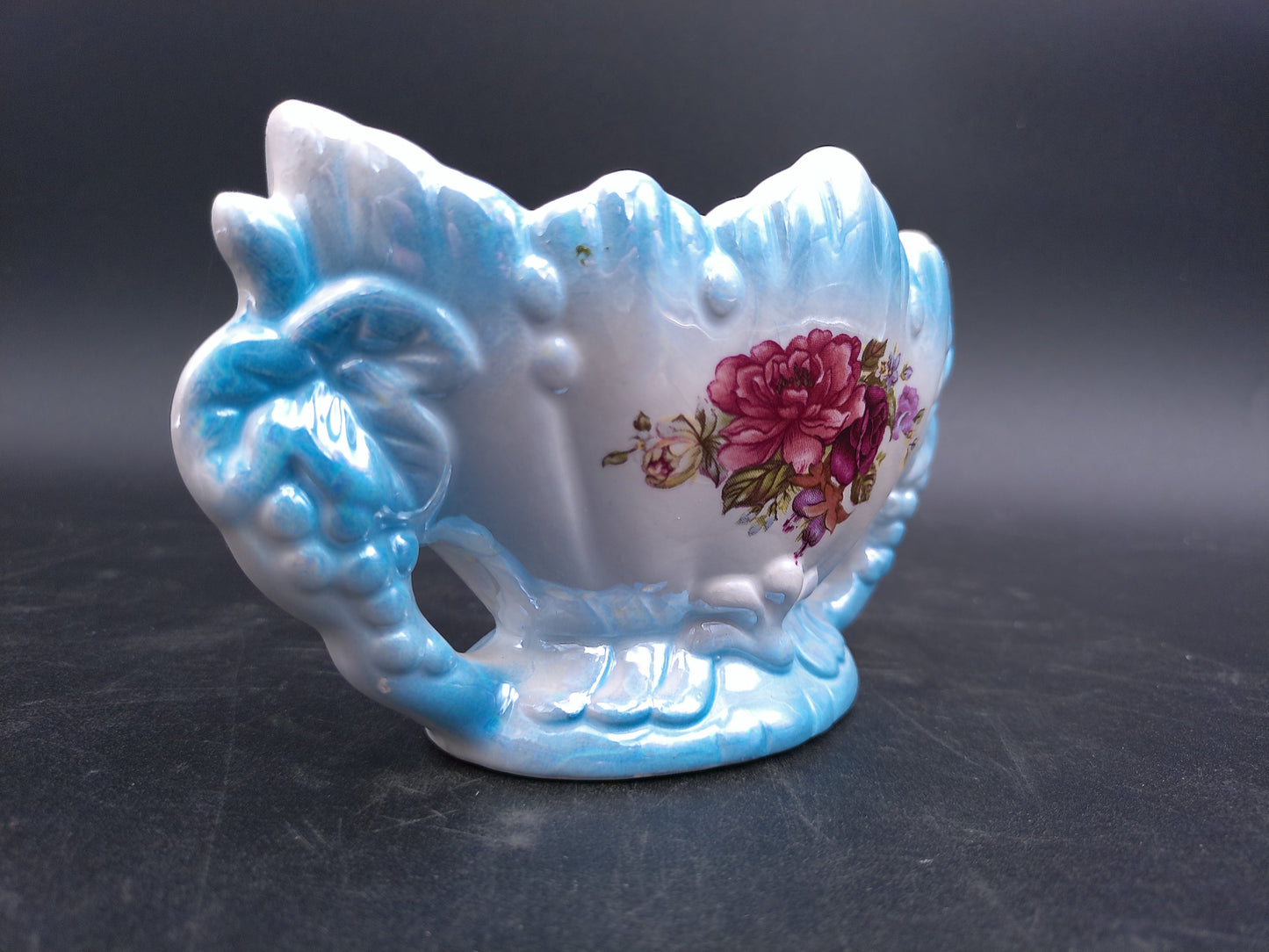 Vase Dual Handle Decorative Floral design baby blue color Vintage