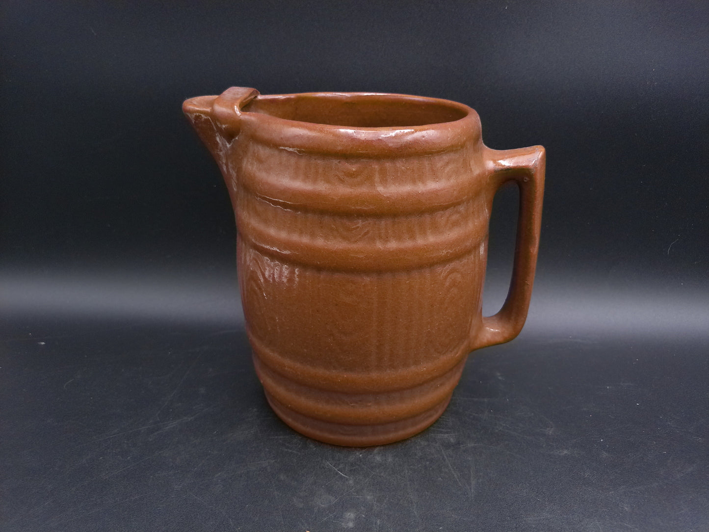 Pitcher McCoy Art Pottery Brown Cider Barrel Pitcher with Ice Lip