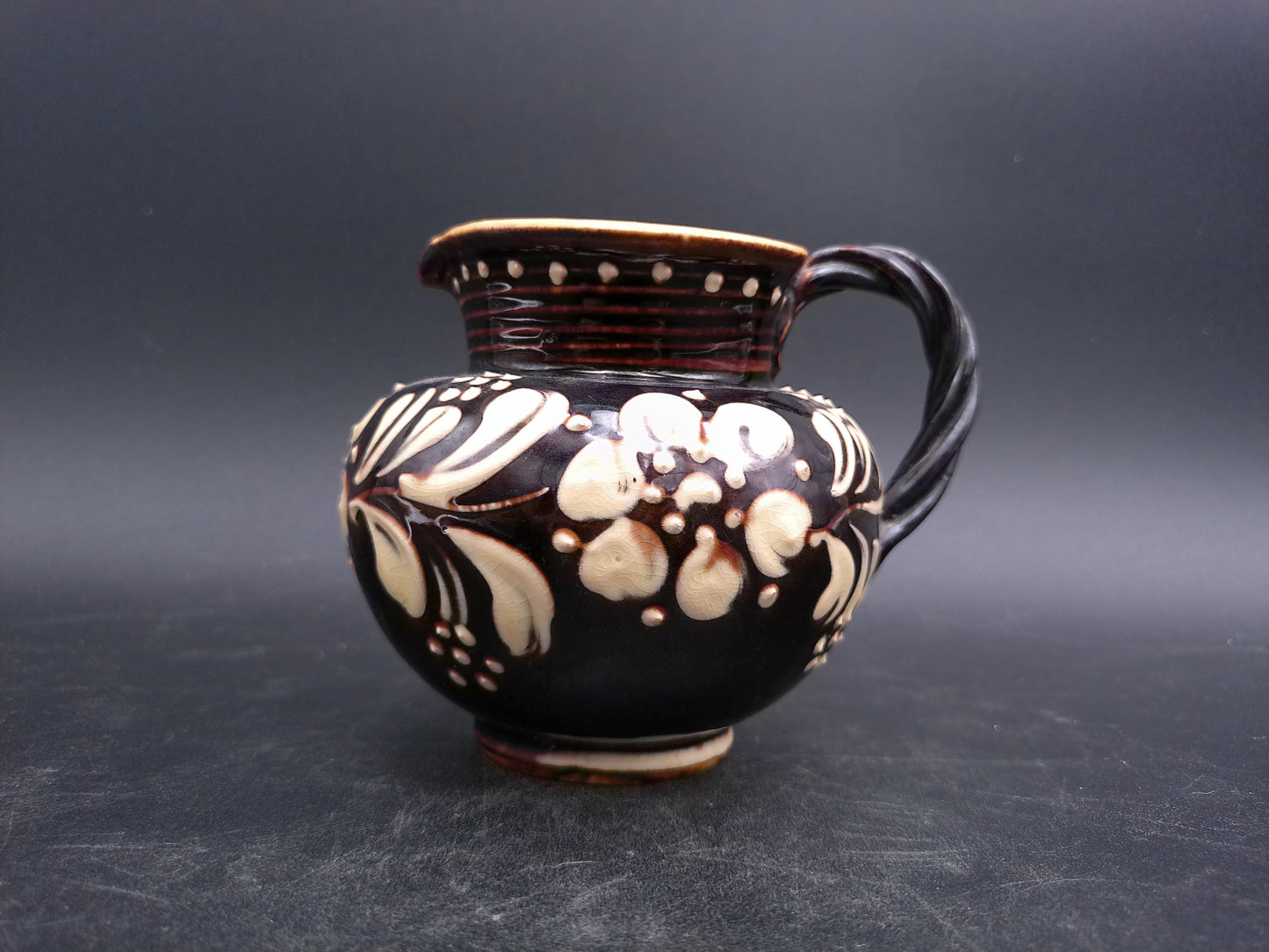Pitcher Art Pottery Brown  Floral  Design Swirl Nandle Vintage
