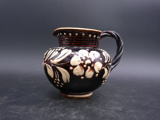 Pitcher Art Pottery Brown  Floral  Design Swirl Nandle Vintage