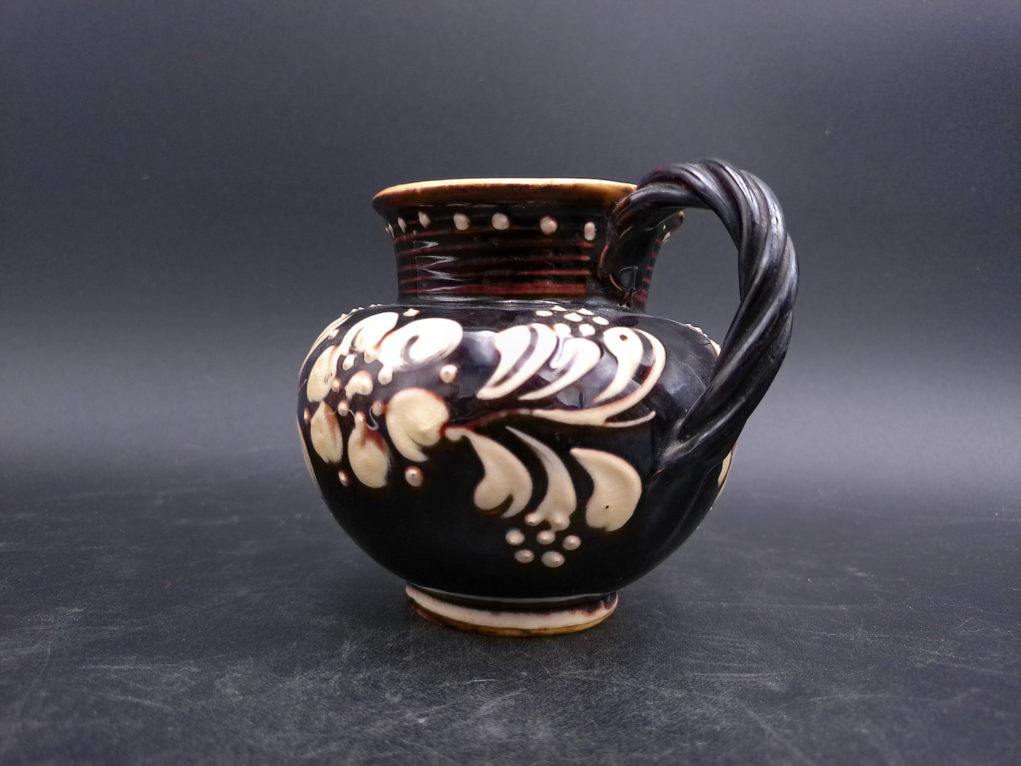 Pitcher Art Pottery Brown  Floral  Design Swirl Nandle Vintage