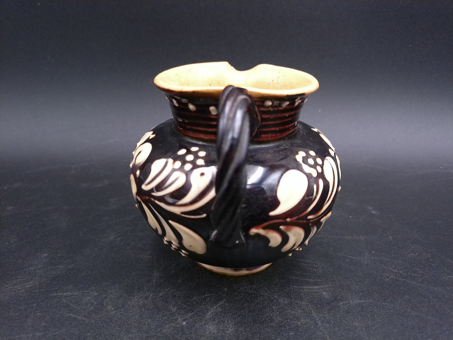 Pitcher Art Pottery Brown  Floral  Design Swirl Nandle Vintage