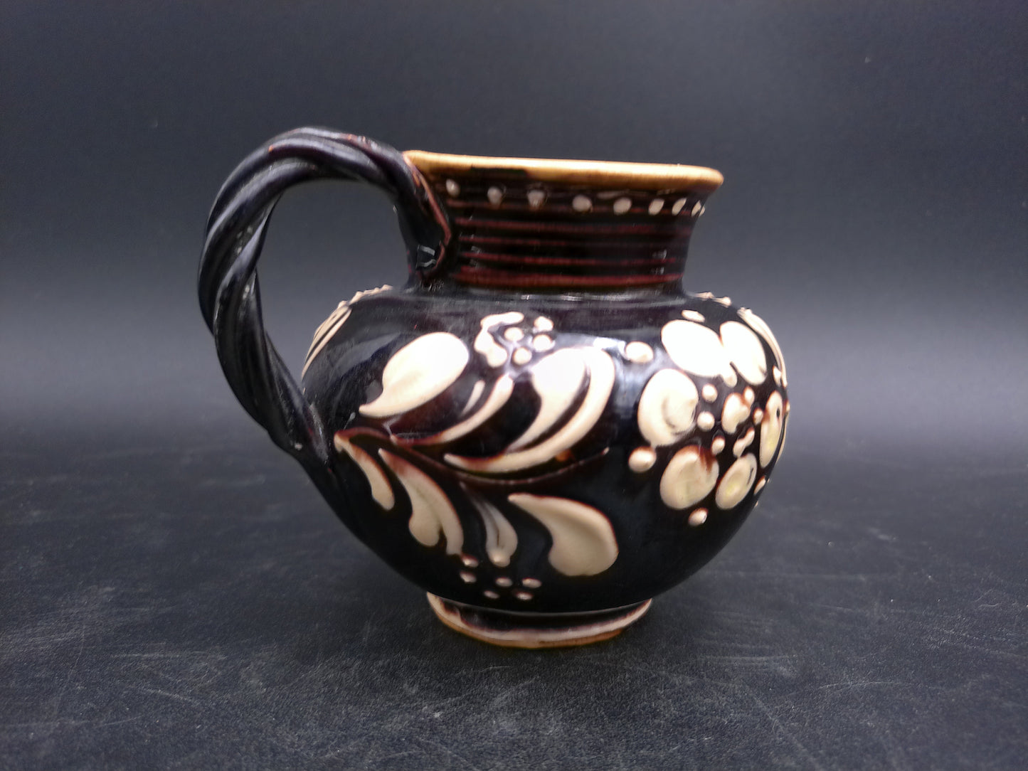 Pitcher Art Pottery Brown  Floral  Design Swirl Nandle Vintage