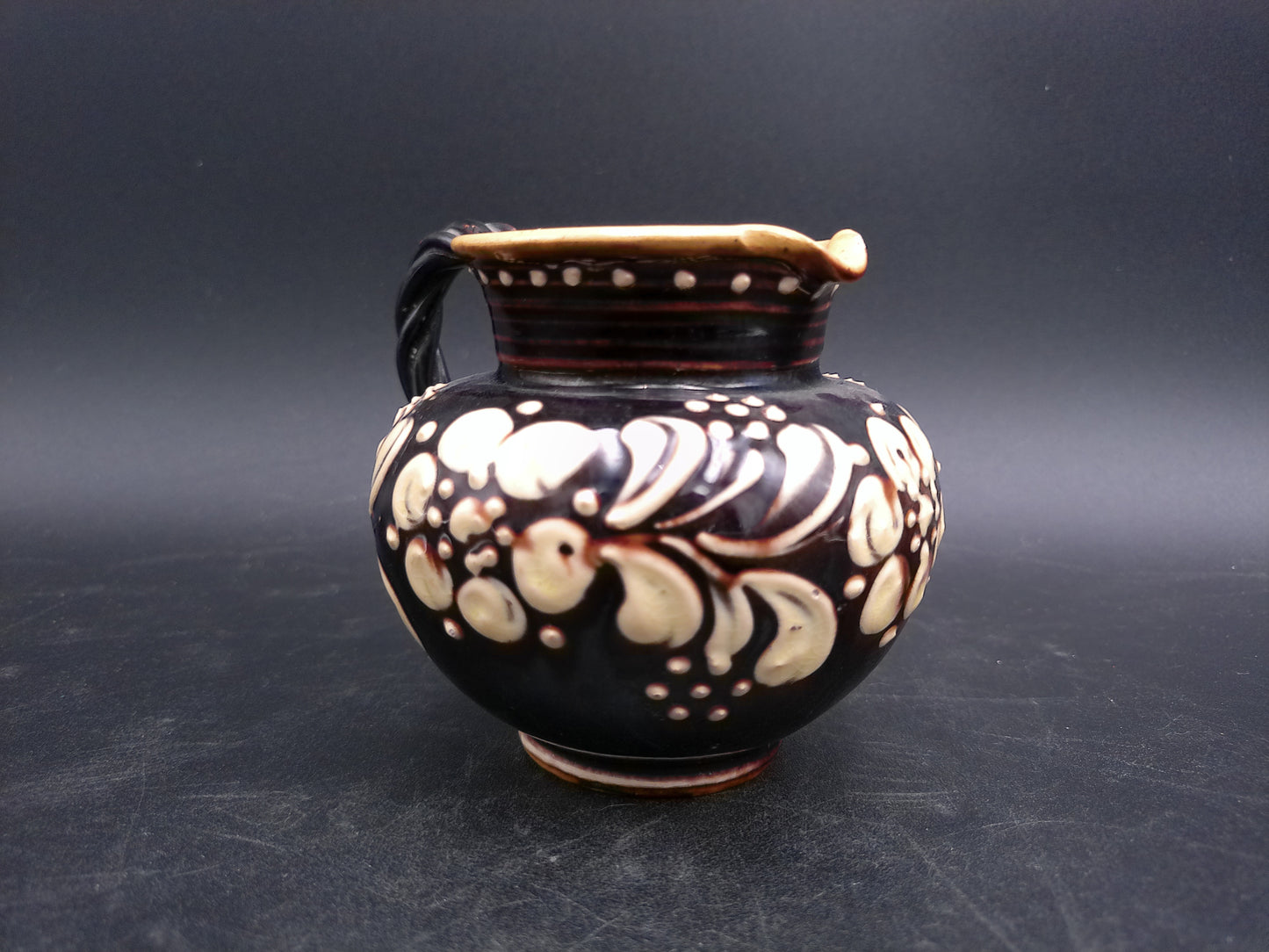 Pitcher Art Pottery Brown  Floral  Design Swirl Nandle Vintage