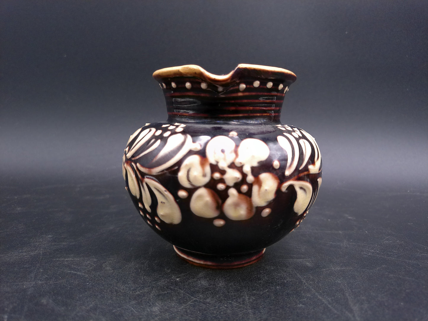 Pitcher Art Pottery Brown  Floral  Design Swirl Nandle Vintage