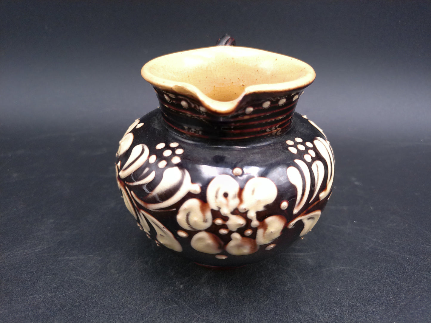 Pitcher Art Pottery Brown  Floral  Design Swirl Nandle Vintage