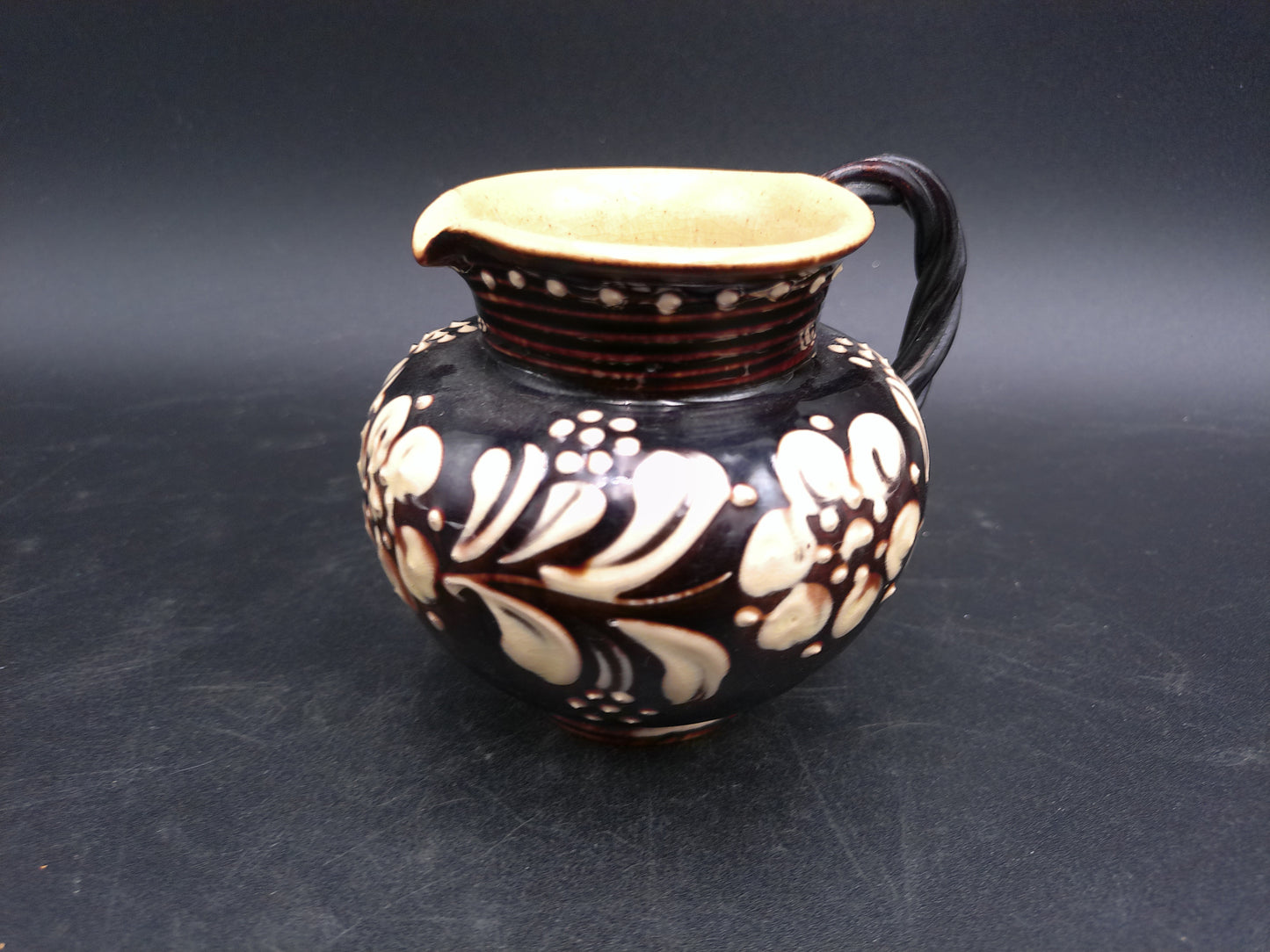 Pitcher Art Pottery Brown  Floral  Design Swirl Nandle Vintage