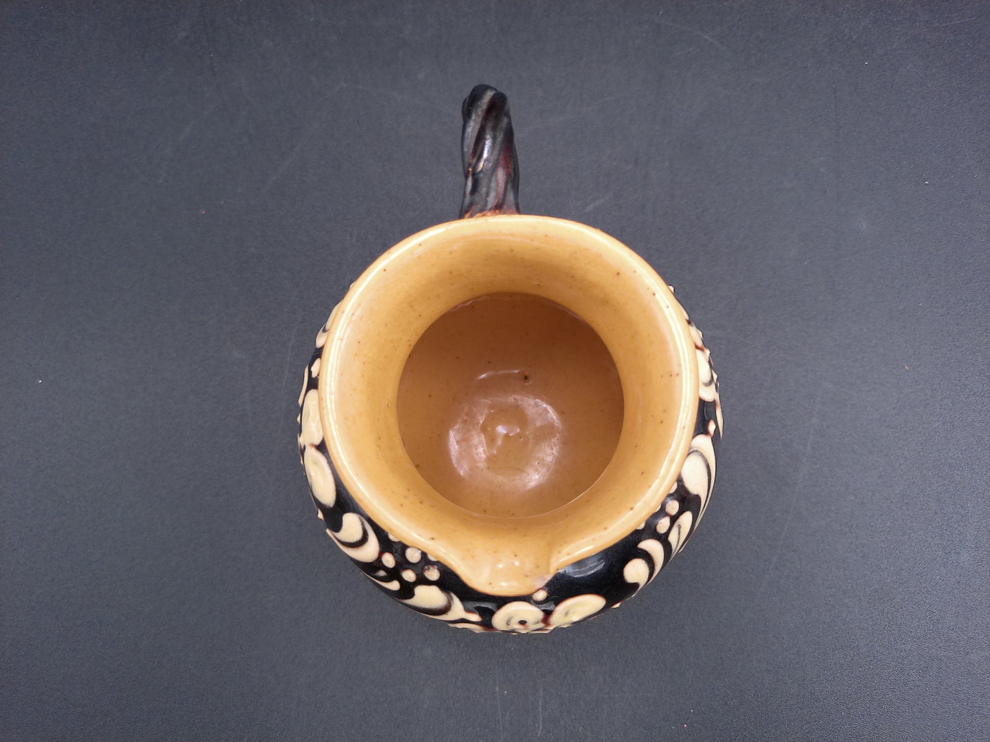 Pitcher Art Pottery Brown  Floral  Design Swirl Nandle Vintage