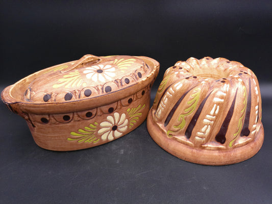 Pottery  French Ceramic Round Baking Mold, Beige Brown Glazed Terracotta Cake Pan