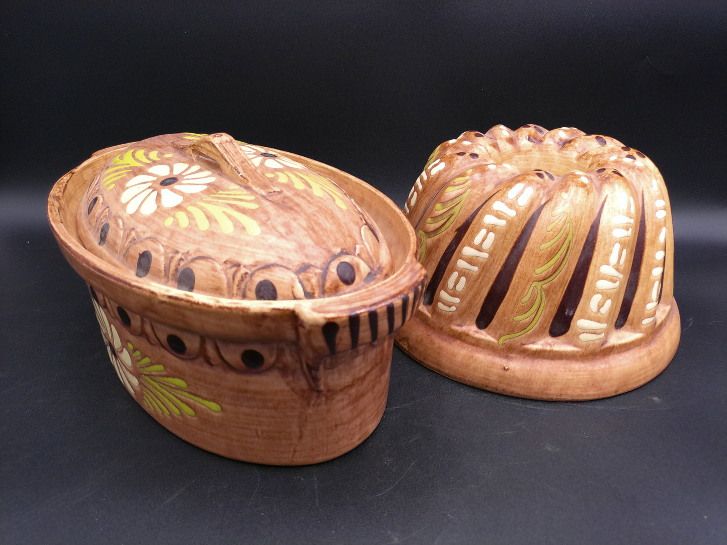 Pottery  French Ceramic Round Baking Mold, Beige Brown Glazed Terracotta Cake Pan